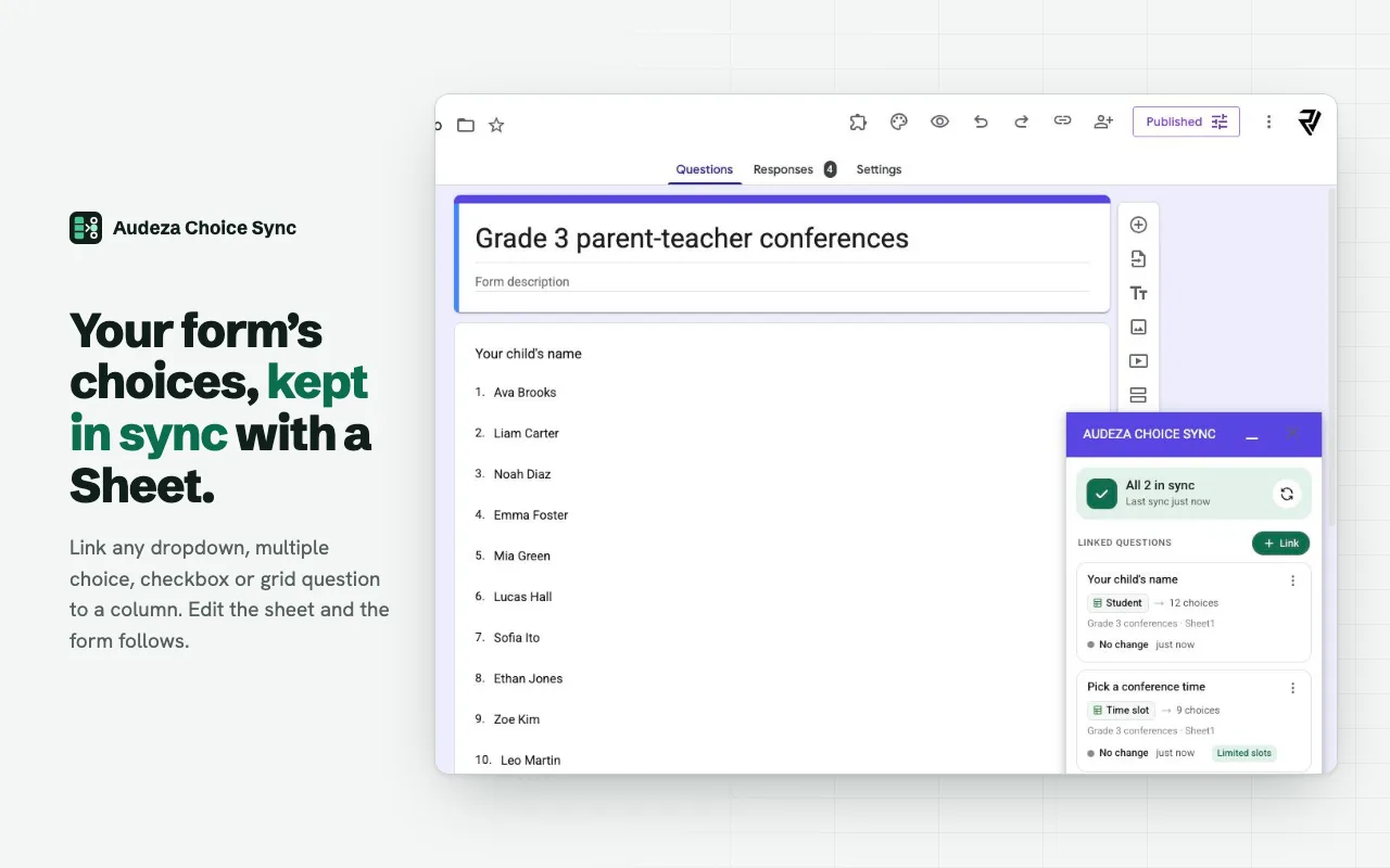 A Google Form with two linked questions: 'Your child's name' filled with 12 names from the Student column and 'Pick a conference time' filled from the Time slot column, with the Audeza Choice Sync panel showing both in sync.